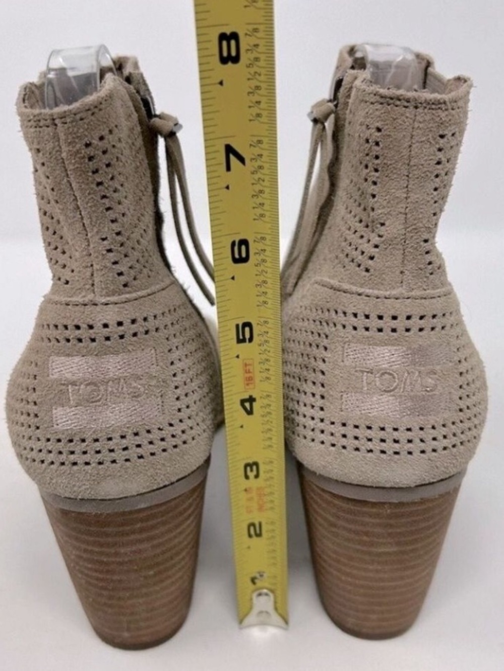 TOMS Suede Heeled Ankle Boots Open Toe Taupe Tan Gray Size 8 Perforated Bohemian - Picture 8 of 11